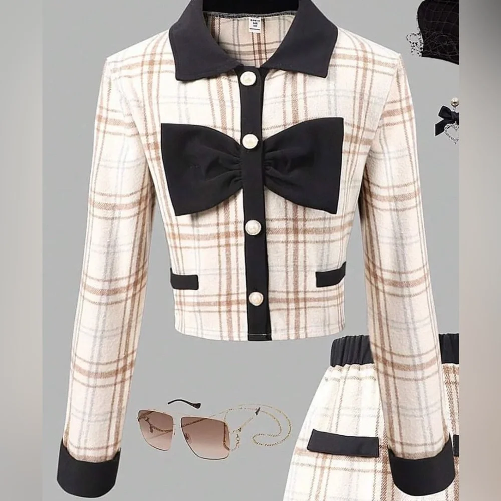(B3) SHEIN Girls Cream Black Plaid Bow Statement Jacket Top 8Y - Picture 1 of 10